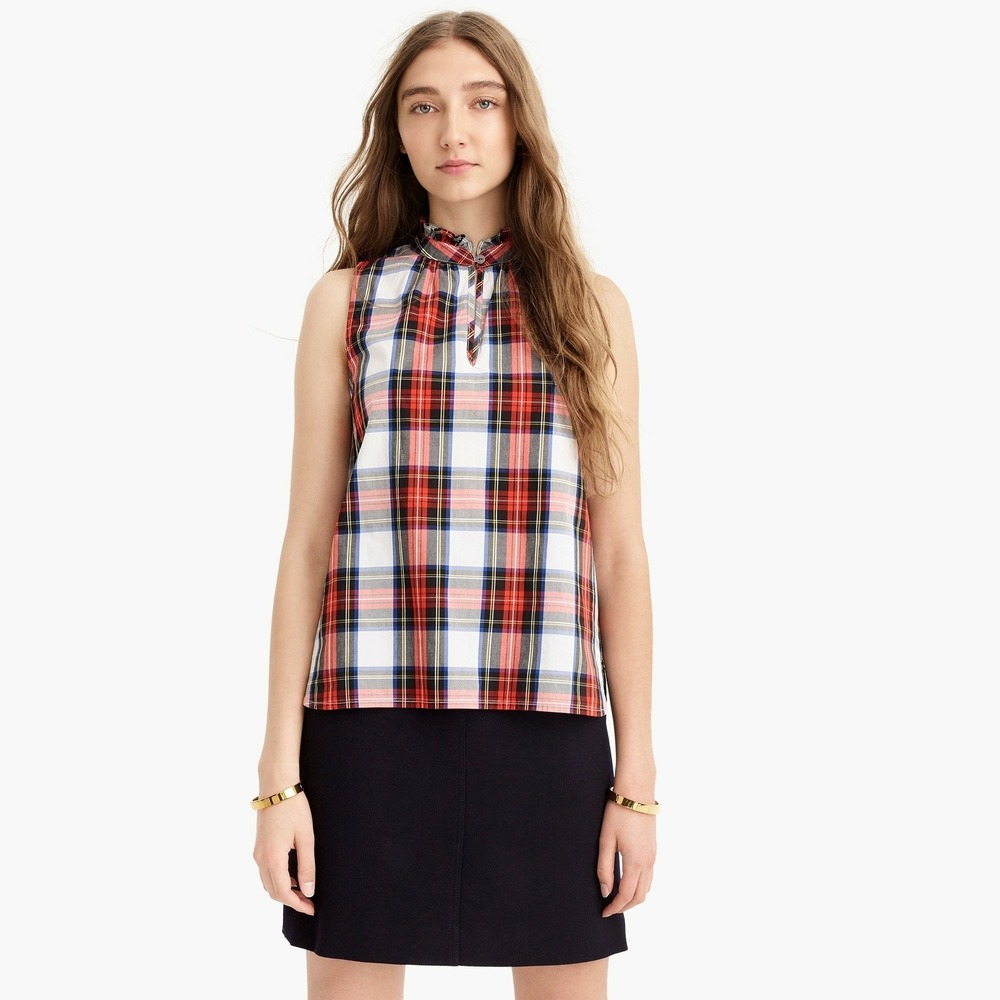 J. Crew‎ Stewart Tartan Plaid Ruffle Poplin Top Sleeveless Blouse Sz 6 Red White